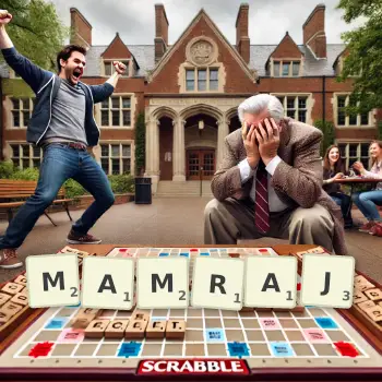 Kreatywna ilustracja do gry w Scrabble ze słowem MAMRAJ ułożonym z płytek na planszy.