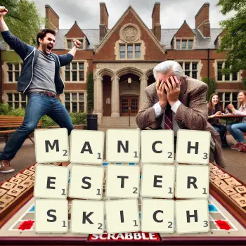 Kreatywna ilustracja do gry w Scrabble ze słowem MANCHESTERSKICH ułożonym z płytek na planszy.