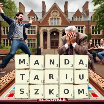 Kreatywna ilustracja do gry w Scrabble ze słowem MANDATARIUSZKOM ułożonym z płytek na planszy.