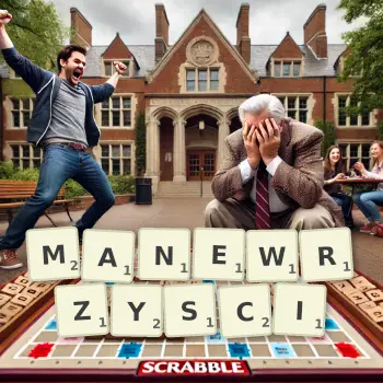 Kreatywna ilustracja do gry w Scrabble ze słowem MANEWRZYSCI ułożonym z płytek na planszy.