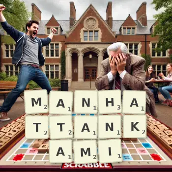 Kreatywna ilustracja do gry w Scrabble ze słowem MANHATTANKAMI ułożonym z płytek na planszy.