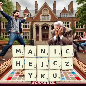 Kreatywna ilustracja do gry w Scrabble ze słowem MANICHEJCZYKU ułożonym z płytek na planszy.