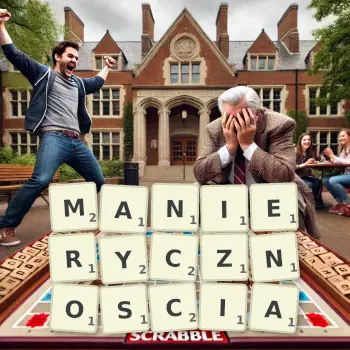 Kreatywna ilustracja do gry w Scrabble ze słowem MANIERYCZNOSCIA ułożonym z płytek na planszy.