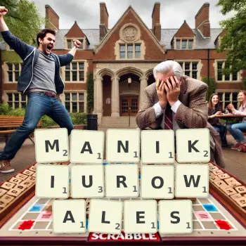 Kreatywna ilustracja do gry w Scrabble ze słowem MANIKIUROWALES ułożonym z płytek na planszy.