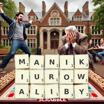 Kreatywna ilustracja do gry w Scrabble ze słowem MANIKIUROWALIBY ułożonym z płytek na planszy.