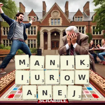 Kreatywna ilustracja do gry w Scrabble ze słowem MANIKIUROWANEJ ułożonym z płytek na planszy.