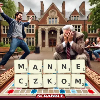 Kreatywna ilustracja do gry w Scrabble ze słowem MANNECZKOM ułożonym z płytek na planszy.