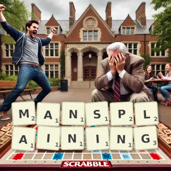 Kreatywna ilustracja do gry w Scrabble ze słowem MANSPLAINING ułożonym z płytek na planszy.