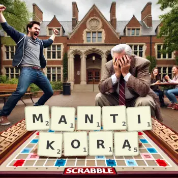 Kreatywna ilustracja do gry w Scrabble ze słowem MANTIKORĄ ułożonym z płytek na planszy.