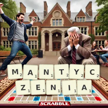 Kreatywna ilustracja do gry w Scrabble ze słowem MANTYCZENIA ułożonym z płytek na planszy.