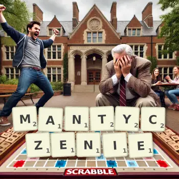 Kreatywna ilustracja do gry w Scrabble ze słowem MANTYCZENIE ułożonym z płytek na planszy.