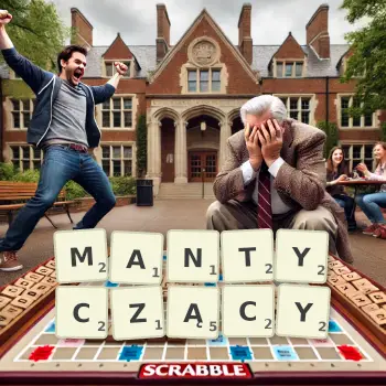 Kreatywna ilustracja do gry w Scrabble ze słowem MANTYCZĄCY ułożonym z płytek na planszy.