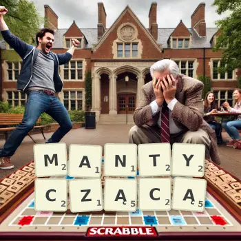 Kreatywna ilustracja do gry w Scrabble ze słowem MANTYCZĄCĄ ułożonym z płytek na planszy.
