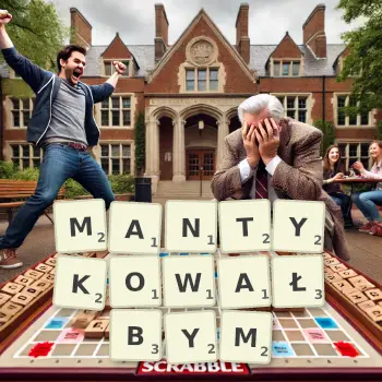 Kreatywna ilustracja do gry w Scrabble ze słowem MANTYKOWAŁBYM ułożonym z płytek na planszy.