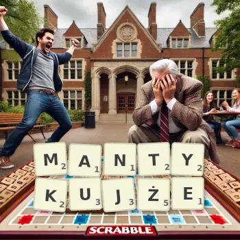 Kreatywna ilustracja do gry w Scrabble ze słowem MANTYKUJŻE ułożonym z płytek na planszy.