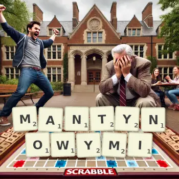 Kreatywna ilustracja do gry w Scrabble ze słowem MANTYNOWYMI ułożonym z płytek na planszy.