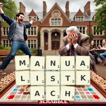 Kreatywna ilustracja do gry w Scrabble ze słowem MANUALISTKACH ułożonym z płytek na planszy.