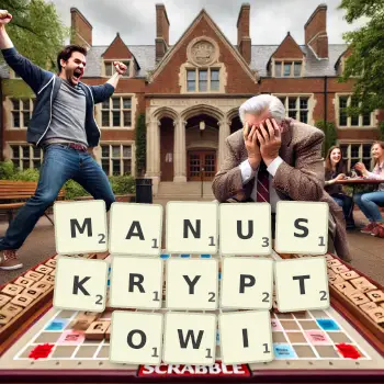 Kreatywna ilustracja do gry w Scrabble ze słowem MANUSKRYPTOWI ułożonym z płytek na planszy.