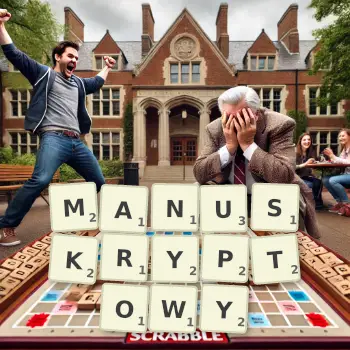 Kreatywna ilustracja do gry w Scrabble ze słowem MANUSKRYPTOWY ułożonym z płytek na planszy.