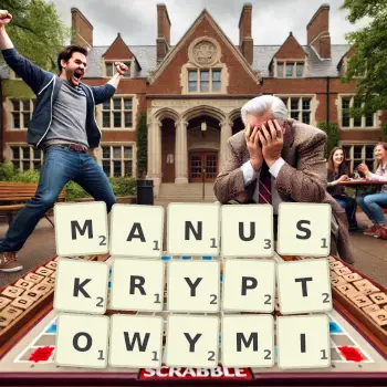 Kreatywna ilustracja do gry w Scrabble ze słowem MANUSKRYPTOWYMI ułożonym z płytek na planszy.