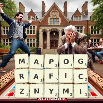 Kreatywna ilustracja do gry w Scrabble ze słowem MAPOGRAFICZNYMI ułożonym z płytek na planszy.