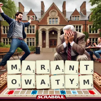 Kreatywna ilustracja do gry w Scrabble ze słowem MARANTOWATYM ułożonym z płytek na planszy.