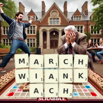 Kreatywna ilustracja do gry w Scrabble ze słowem MARCHWIANKACH ułożonym z płytek na planszy.