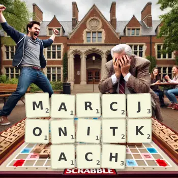 Kreatywna ilustracja do gry w Scrabble ze słowem MARCJONITKACH ułożonym z płytek na planszy.