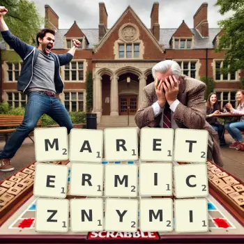 Kreatywna ilustracja do gry w Scrabble ze słowem MARETERMICZNYMI ułożonym z płytek na planszy.