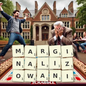 Kreatywna ilustracja do gry w Scrabble ze słowem MARGINALIZOWANI ułożonym z płytek na planszy.