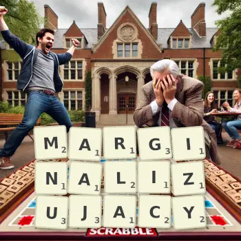 Kreatywna ilustracja do gry w Scrabble ze słowem MARGINALIZUJACY ułożonym z płytek na planszy.