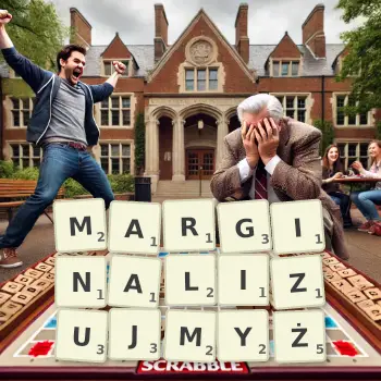 Kreatywna ilustracja do gry w Scrabble ze słowem MARGINALIZUJMYŻ ułożonym z płytek na planszy.