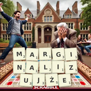 Kreatywna ilustracja do gry w Scrabble ze słowem MARGINALIZUJŻE ułożonym z płytek na planszy.