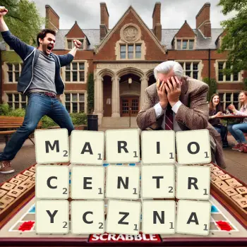 Kreatywna ilustracja do gry w Scrabble ze słowem MARIOCENTRYCZNA ułożonym z płytek na planszy.
