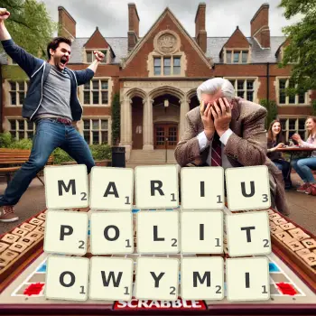 Kreatywna ilustracja do gry w Scrabble ze słowem MARIUPOLITOWYMI ułożonym z płytek na planszy.