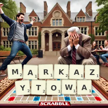 Kreatywna ilustracja do gry w Scrabble ze słowem MARKAZYTOWA ułożonym z płytek na planszy.