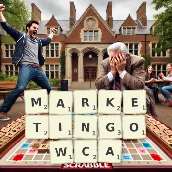 Kreatywna ilustracja do gry w Scrabble ze słowem MARKETINGOWCA ułożonym z płytek na planszy.