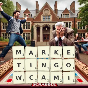 Kreatywna ilustracja do gry w Scrabble ze słowem MARKETINGOWCAMI ułożonym z płytek na planszy.