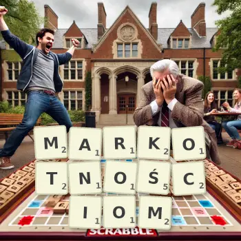 Kreatywna ilustracja do gry w Scrabble ze słowem MARKOTNOŚCIOM ułożonym z płytek na planszy.