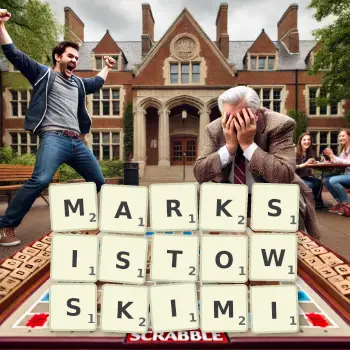 Kreatywna ilustracja do gry w Scrabble ze słowem MARKSISTOWSKIMI ułożonym z płytek na planszy.