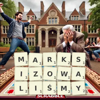 Kreatywna ilustracja do gry w Scrabble ze słowem MARKSIZOWALIŚMY ułożonym z płytek na planszy.