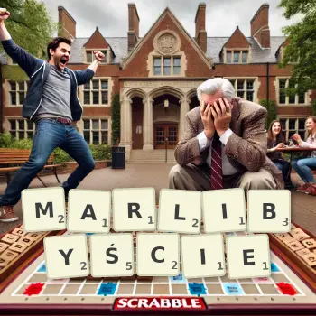 Kreatywna ilustracja do gry w Scrabble ze słowem MARLIBYŚCIE ułożonym z płytek na planszy.
