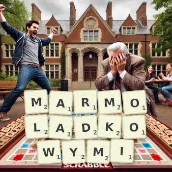 Kreatywna ilustracja do gry w Scrabble ze słowem MARMOLADKOWYMI ułożonym z płytek na planszy.