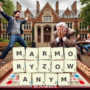 Kreatywna ilustracja do gry w Scrabble ze słowem MARMORYZOWANYM ułożonym z płytek na planszy.