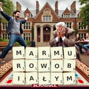 Kreatywna ilustracja do gry w Scrabble ze słowem MARMUROWOBIAŁYM ułożonym z płytek na planszy.