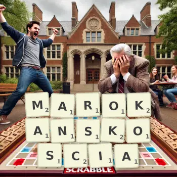Kreatywna ilustracja do gry w Scrabble ze słowem MAROKANSKOSCIA ułożonym z płytek na planszy.