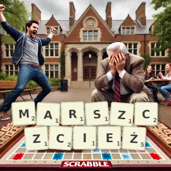 Kreatywna ilustracja do gry w Scrabble ze słowem MARSZCZCIEŻ ułożonym z płytek na planszy.