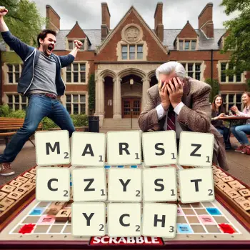 Kreatywna ilustracja do gry w Scrabble ze słowem MARSZCZYSTYCH ułożonym z płytek na planszy.
