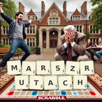 Kreatywna ilustracja do gry w Scrabble ze słowem MARSZRUTACH ułożonym z płytek na planszy.