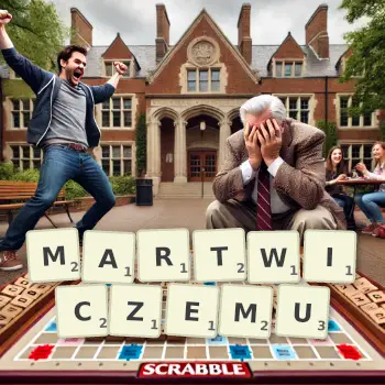 Kreatywna ilustracja do gry w Scrabble ze słowem MARTWICZEMU ułożonym z płytek na planszy.
